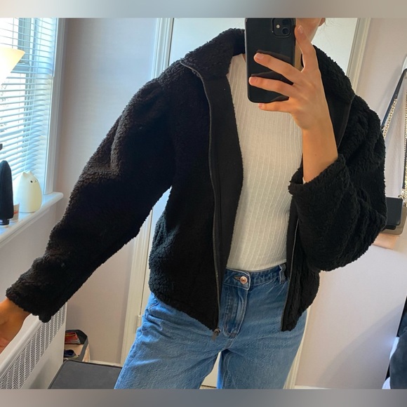 Express Black Sherpa Puff Sleeve Jacket - Picture 2 of 5